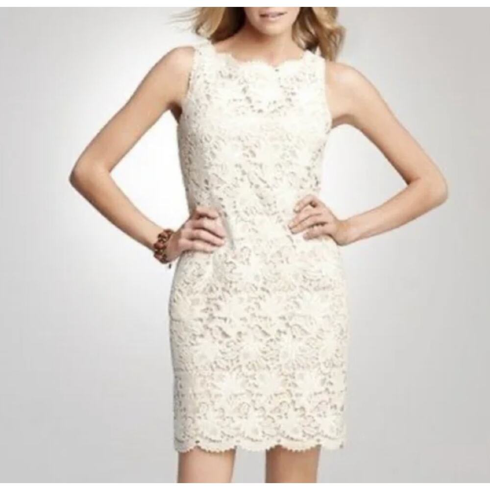 Ann Taylor‎ Bateau Lace Dress Size 0 Ivory Cream Antique Beige Broderie Sheath - Picture 11 of 11